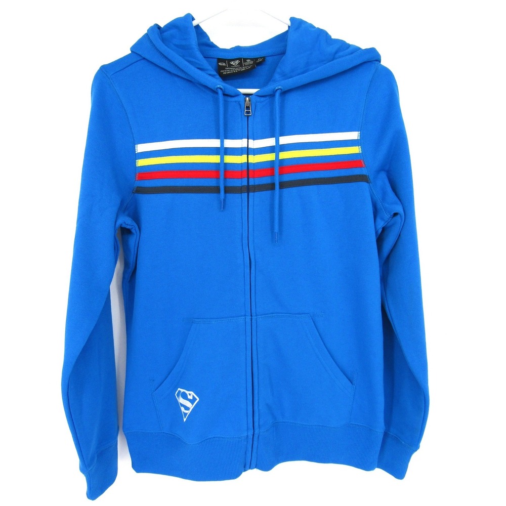 DC Comics Superman Full Zip Hoodie Small Blue Graphic Chest Stripes Back Logo
